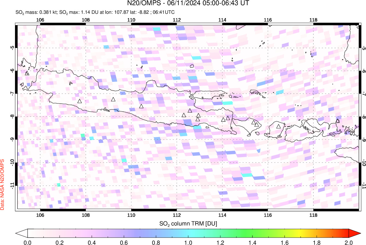 A sulfur dioxide image over Java, Indonesia on Jun 11, 2024.