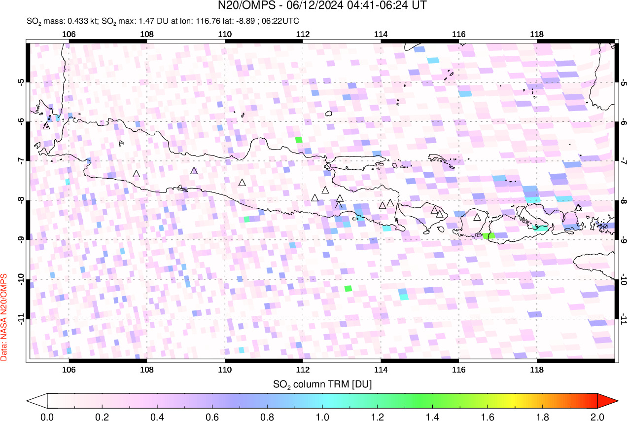 A sulfur dioxide image over Java, Indonesia on Jun 12, 2024.