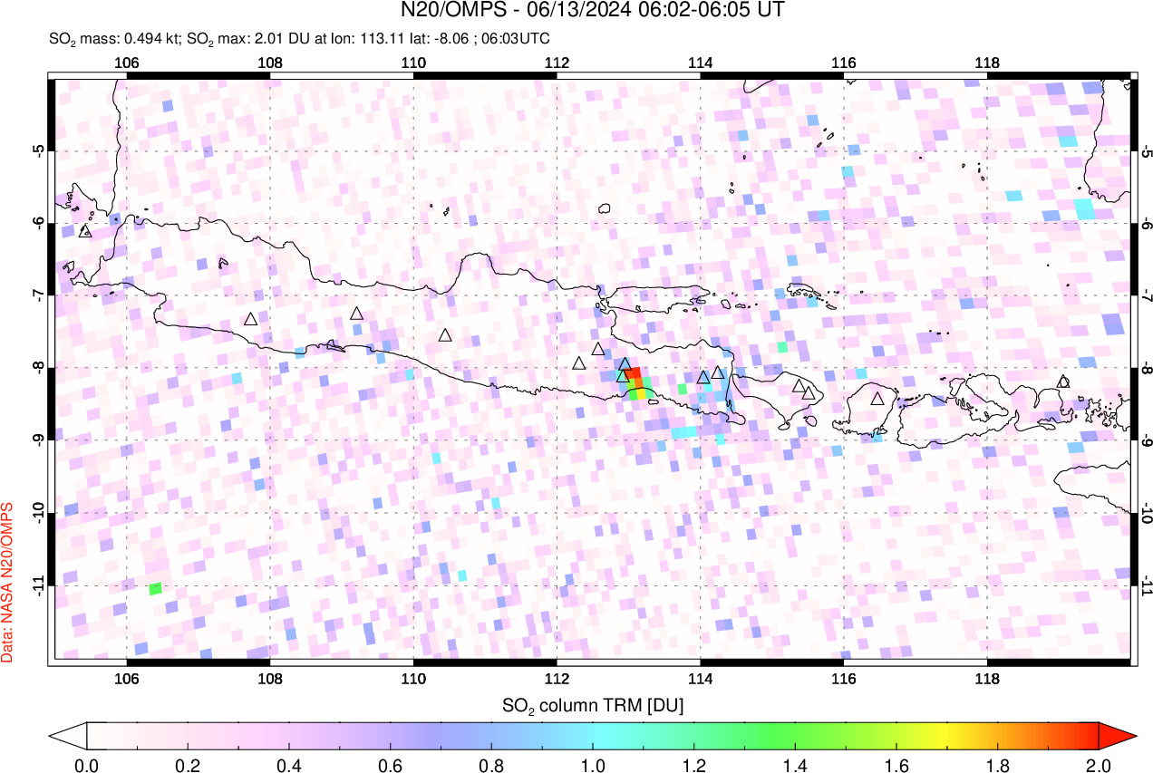 A sulfur dioxide image over Java, Indonesia on Jun 13, 2024.