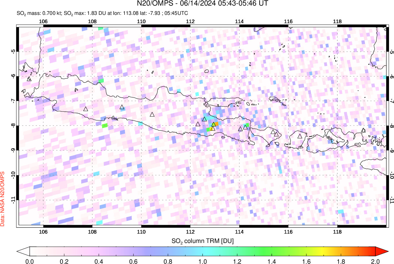 A sulfur dioxide image over Java, Indonesia on Jun 14, 2024.