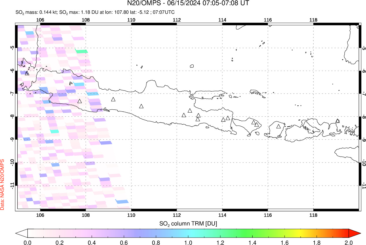 A sulfur dioxide image over Java, Indonesia on Jun 15, 2024.