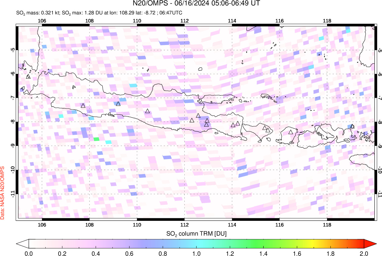 A sulfur dioxide image over Java, Indonesia on Jun 16, 2024.