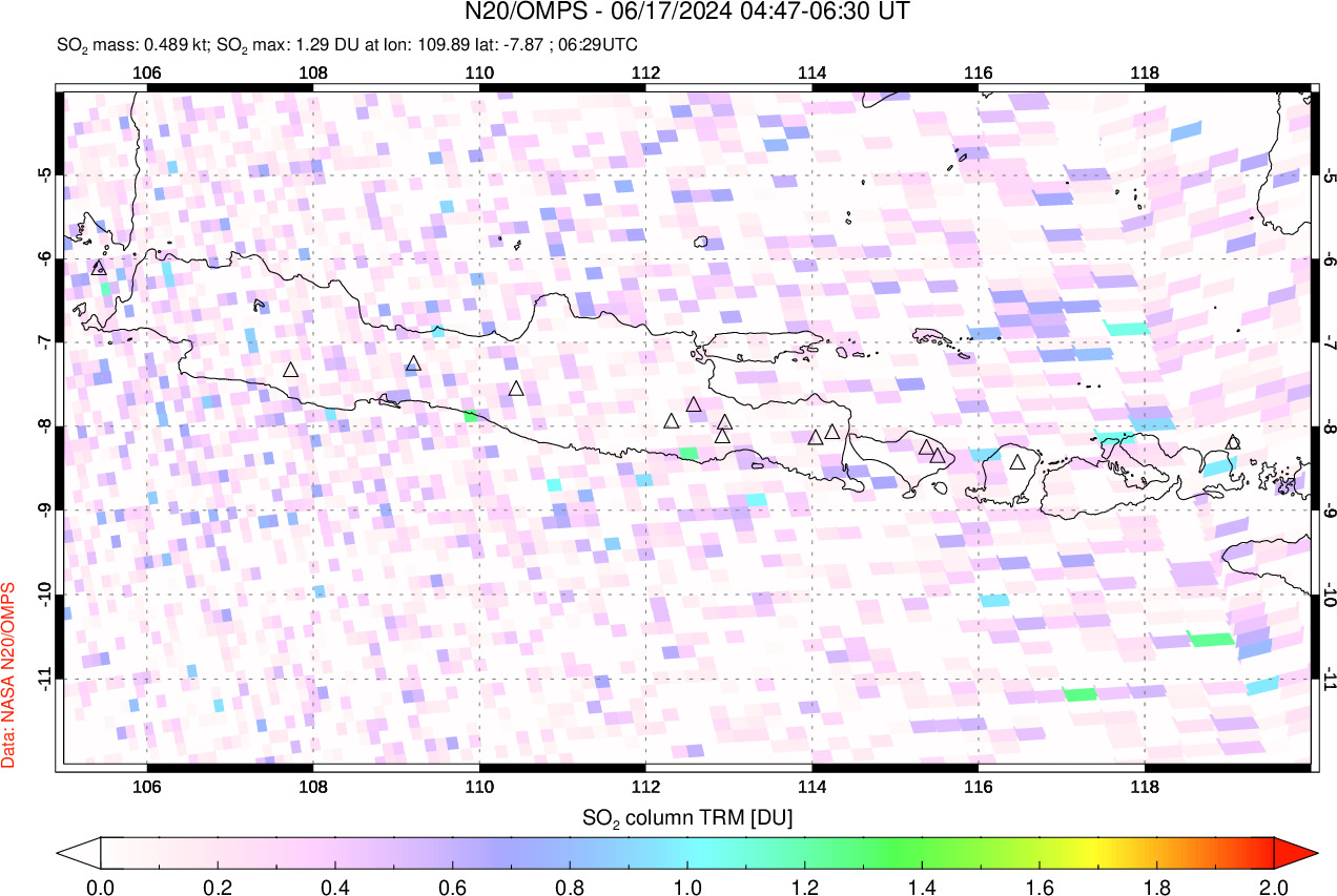 A sulfur dioxide image over Java, Indonesia on Jun 17, 2024.