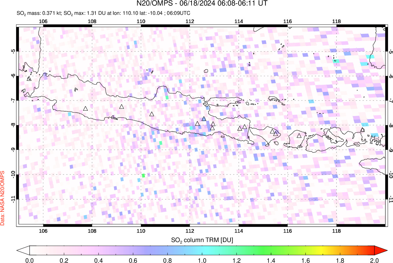 A sulfur dioxide image over Java, Indonesia on Jun 18, 2024.