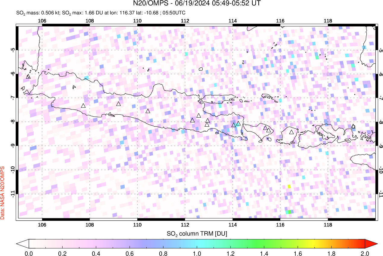 A sulfur dioxide image over Java, Indonesia on Jun 19, 2024.