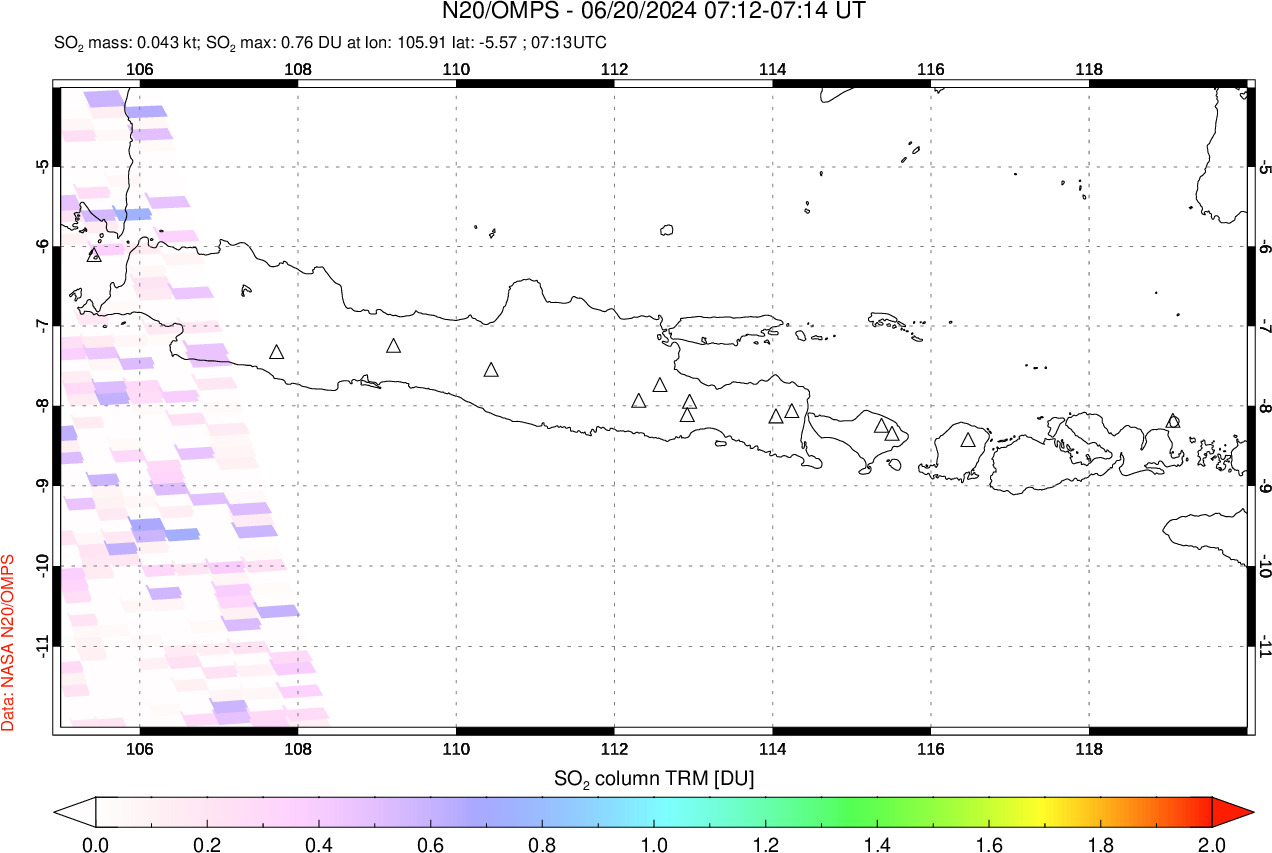 A sulfur dioxide image over Java, Indonesia on Jun 20, 2024.