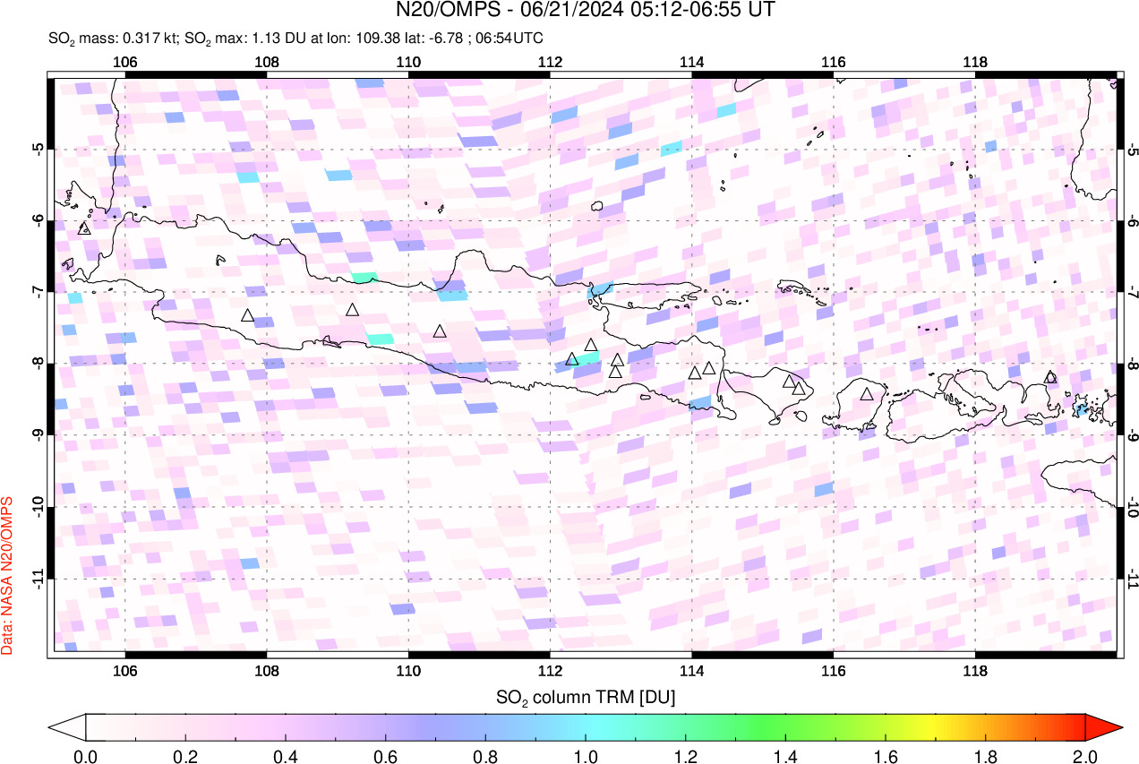 A sulfur dioxide image over Java, Indonesia on Jun 21, 2024.