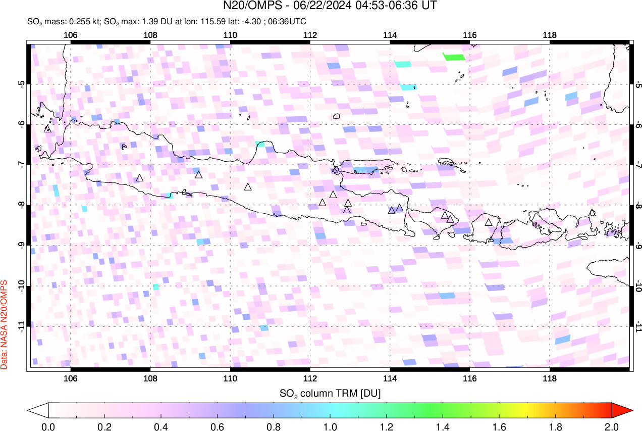 A sulfur dioxide image over Java, Indonesia on Jun 22, 2024.