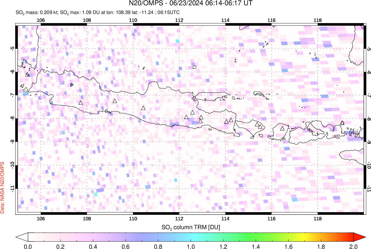 A sulfur dioxide image over Java, Indonesia on Jun 23, 2024.