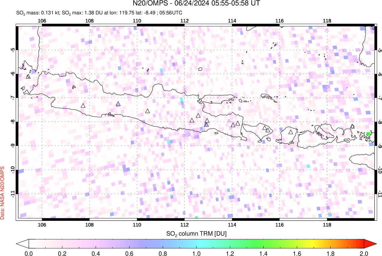 A sulfur dioxide image over Java, Indonesia on Jun 24, 2024.