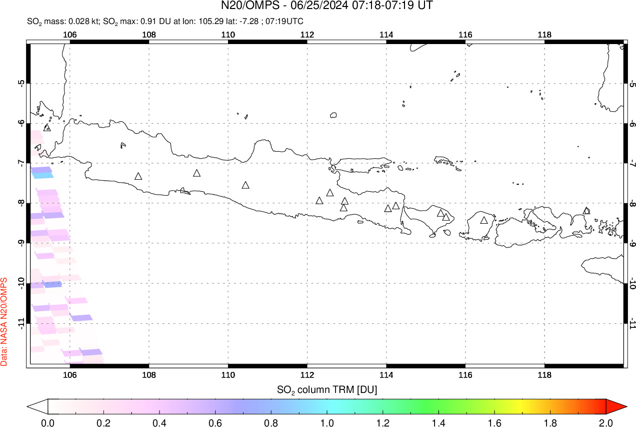 A sulfur dioxide image over Java, Indonesia on Jun 25, 2024.