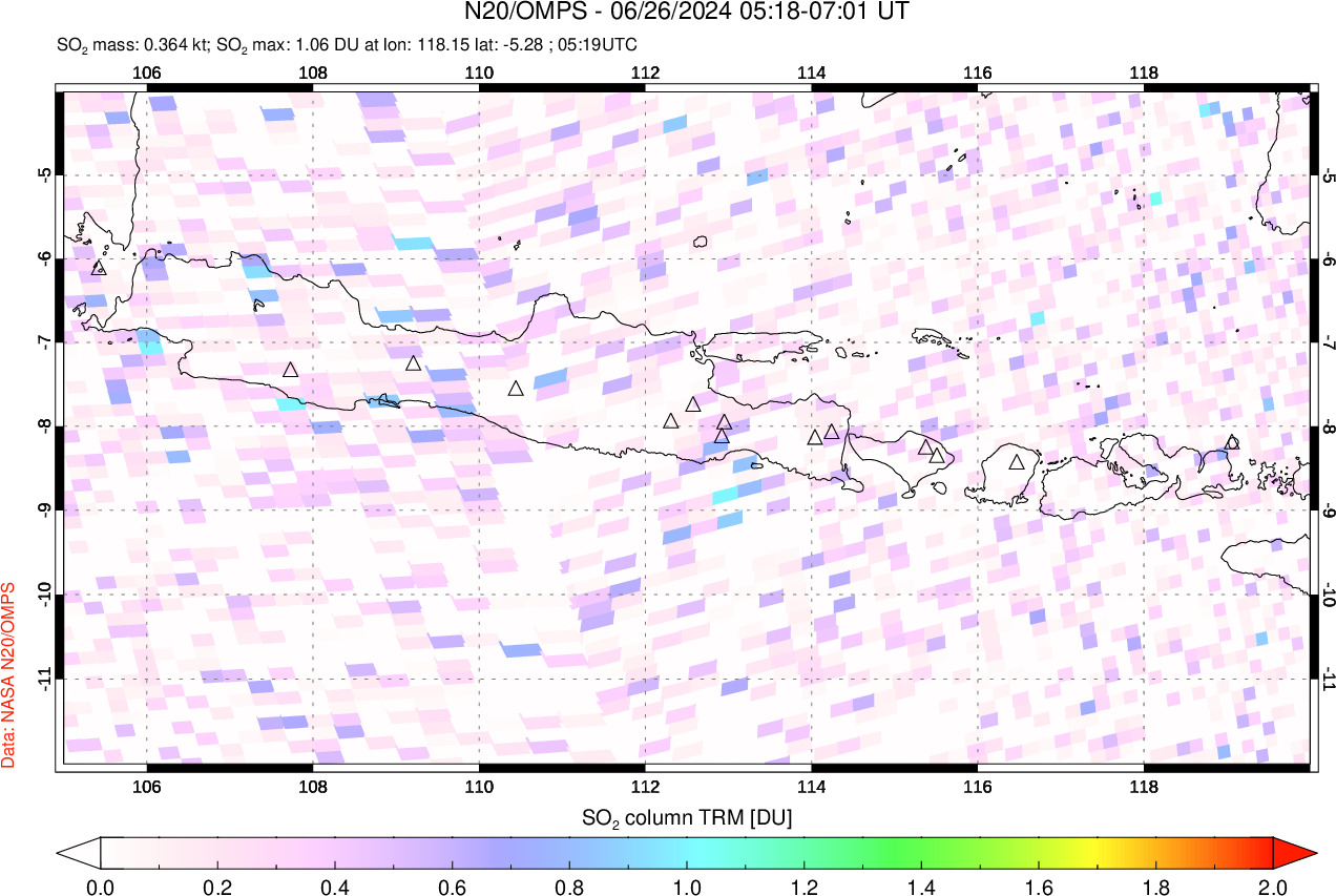 A sulfur dioxide image over Java, Indonesia on Jun 26, 2024.