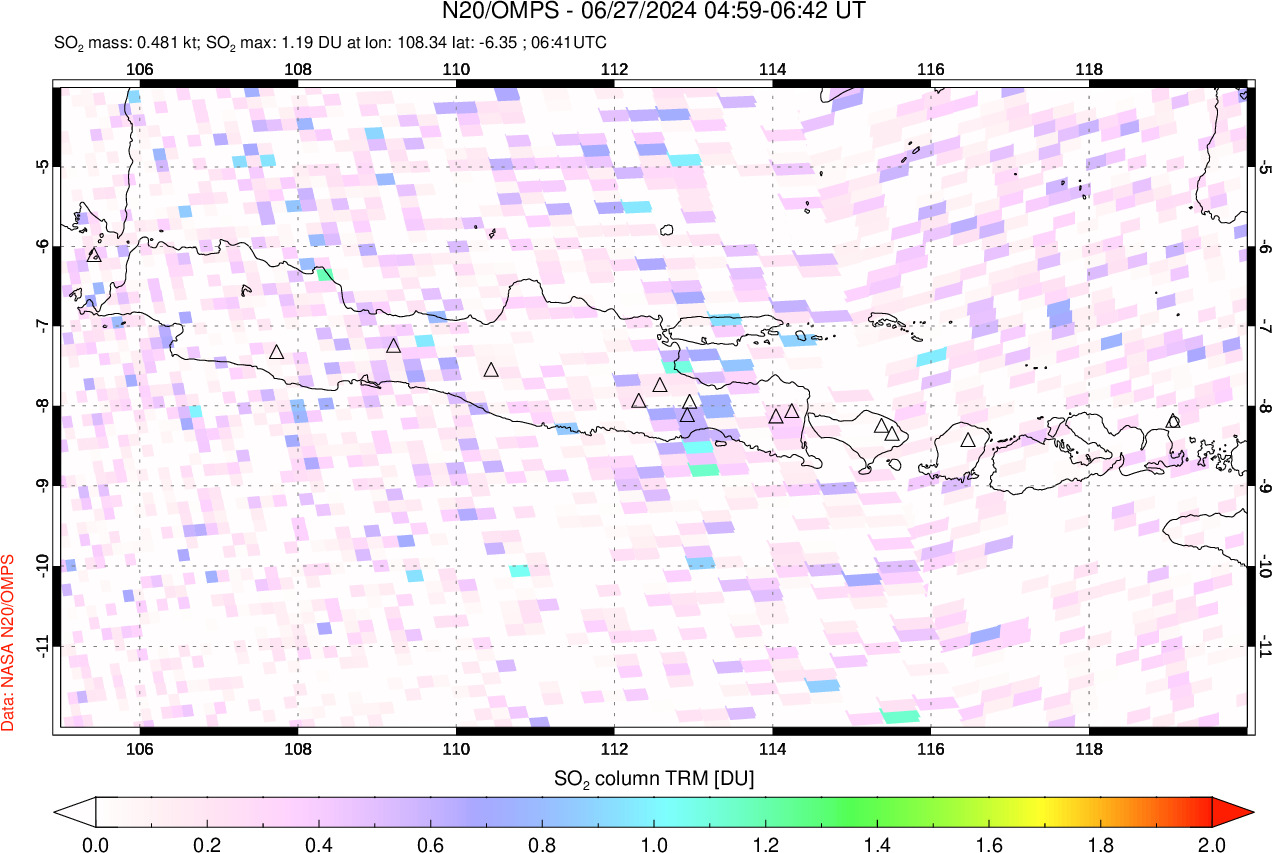 A sulfur dioxide image over Java, Indonesia on Jun 27, 2024.