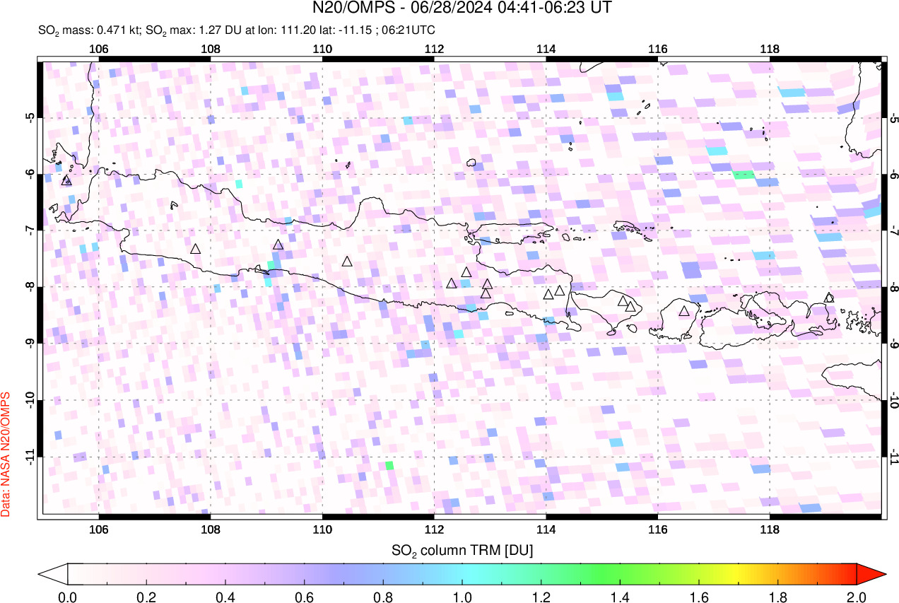 A sulfur dioxide image over Java, Indonesia on Jun 28, 2024.