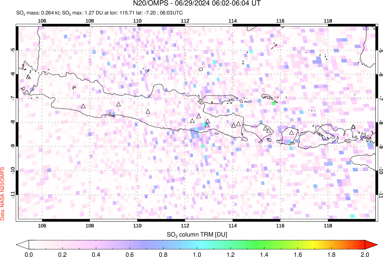 A sulfur dioxide image over Java, Indonesia on Jun 29, 2024.