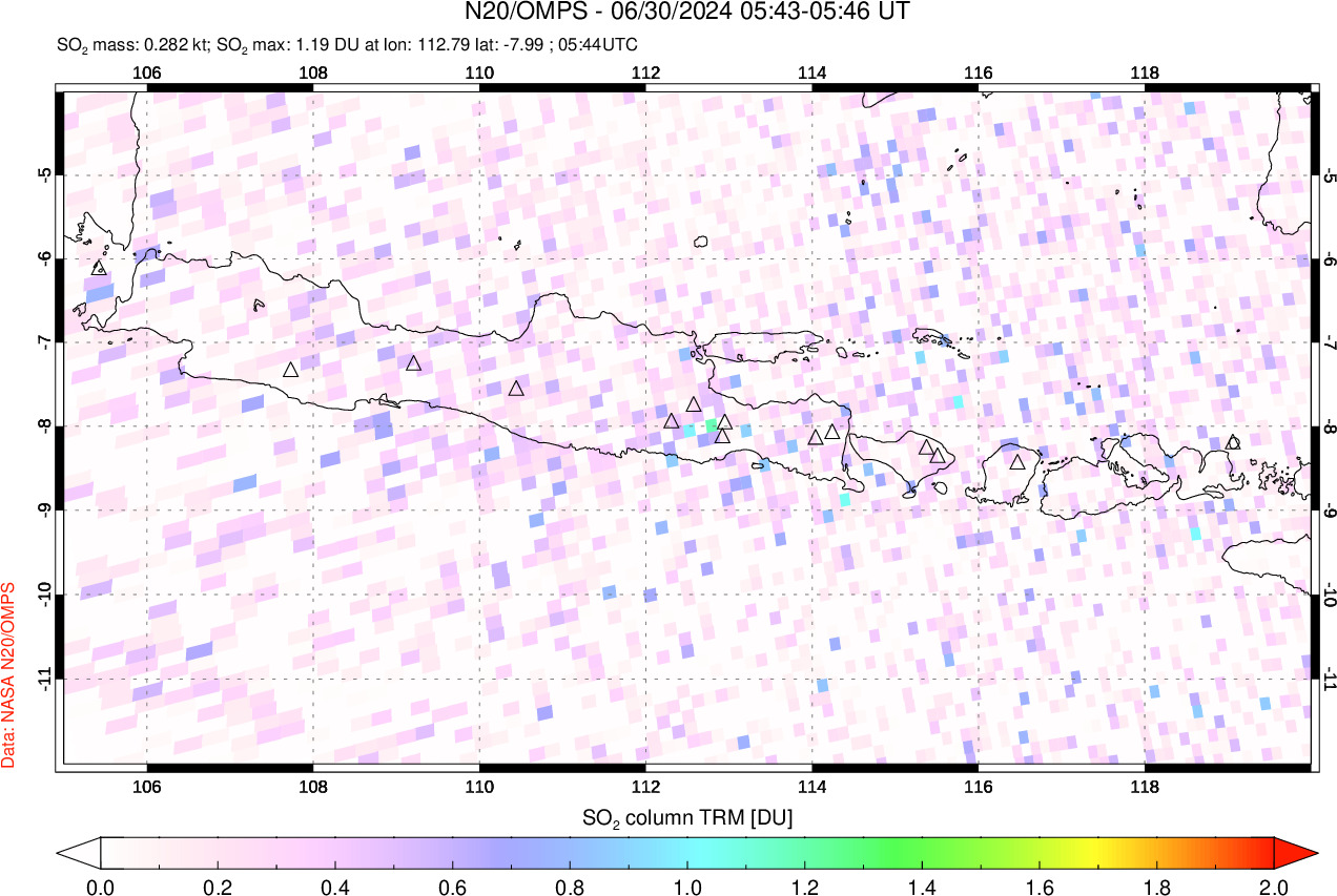 A sulfur dioxide image over Java, Indonesia on Jun 30, 2024.
