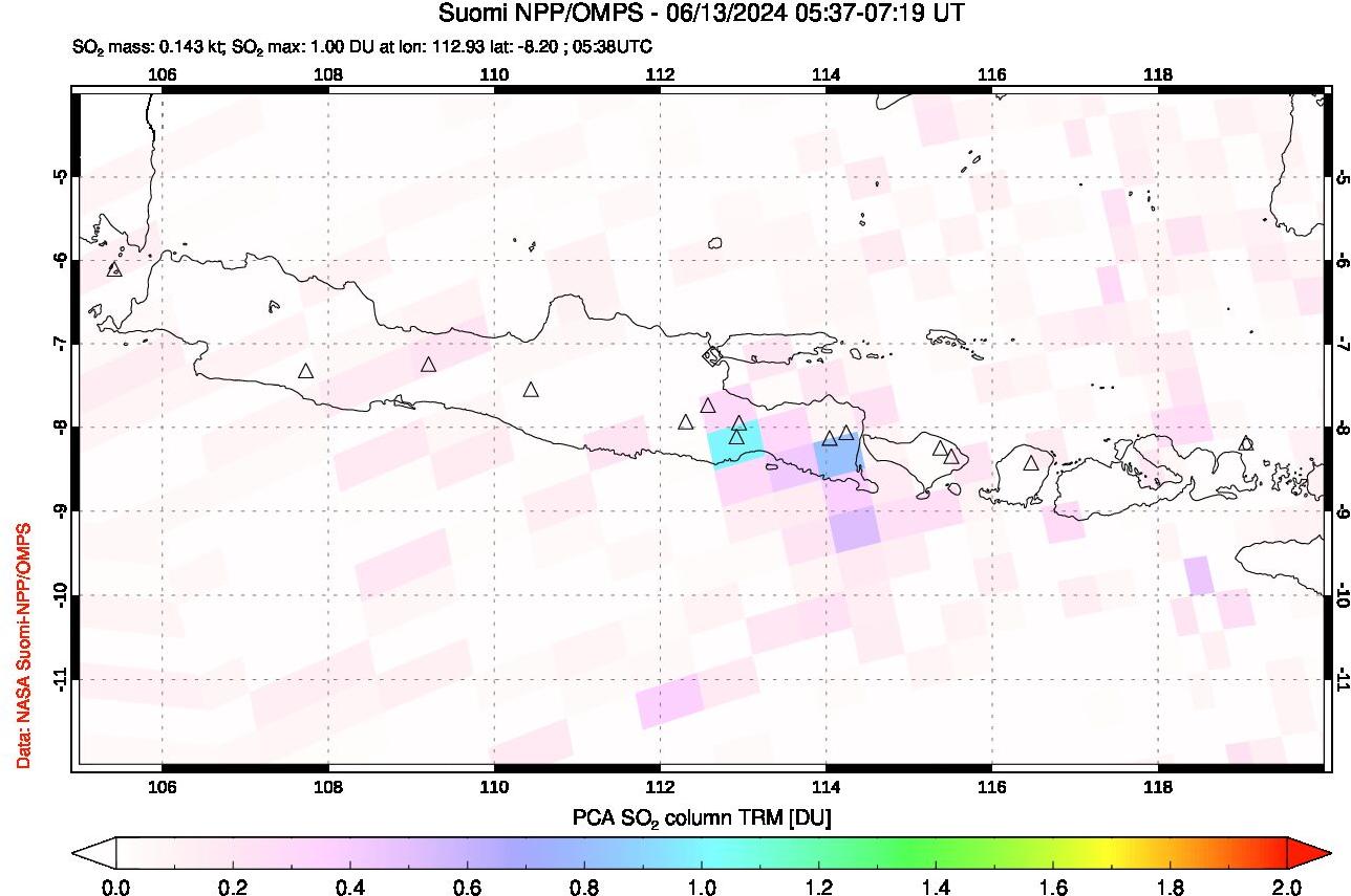 A sulfur dioxide image over Java, Indonesia on Jun 13, 2024.