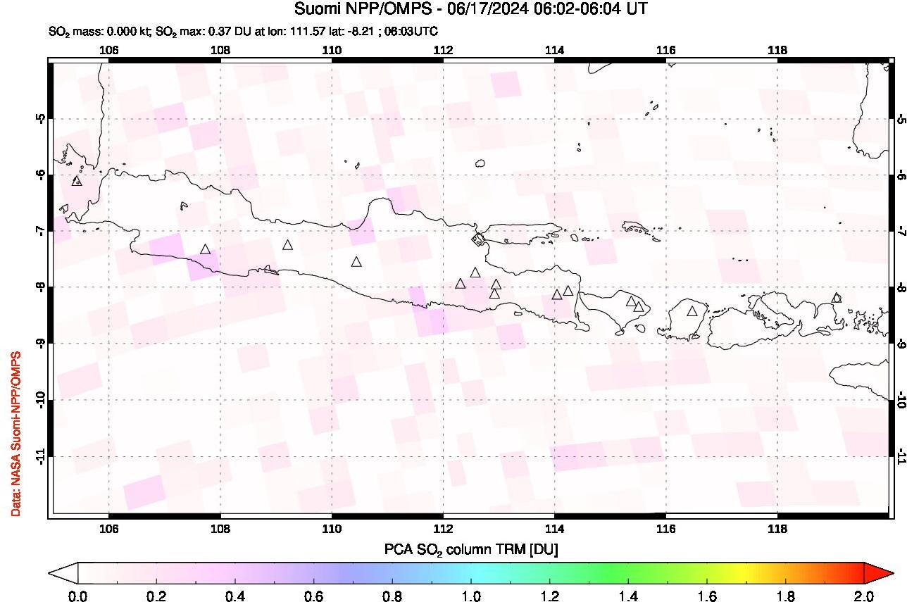 A sulfur dioxide image over Java, Indonesia on Jun 17, 2024.