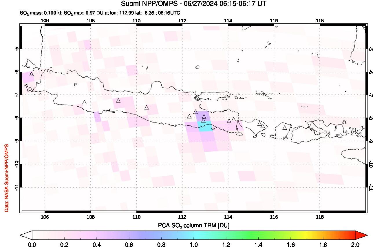 A sulfur dioxide image over Java, Indonesia on Jun 27, 2024.