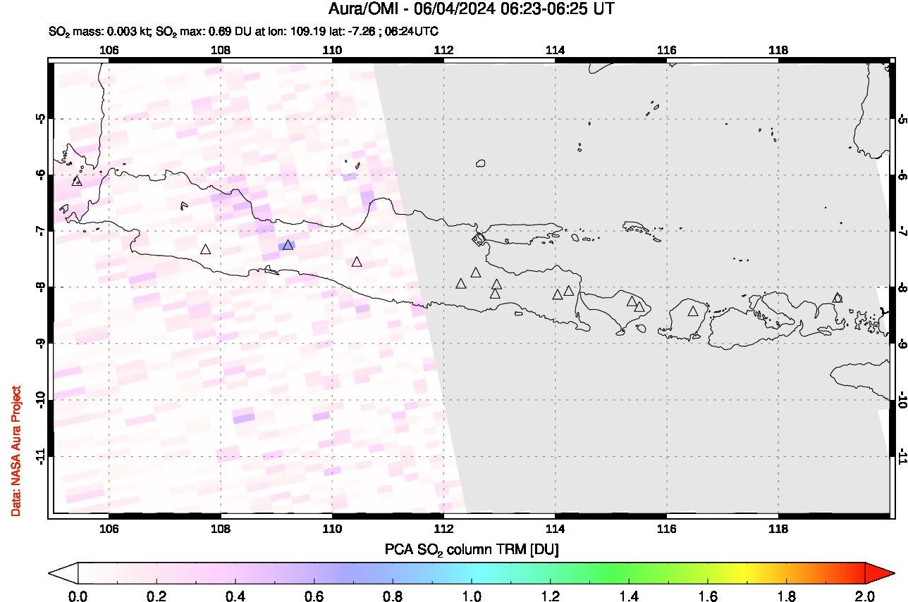 A sulfur dioxide image over Java, Indonesia on Jun 04, 2024.