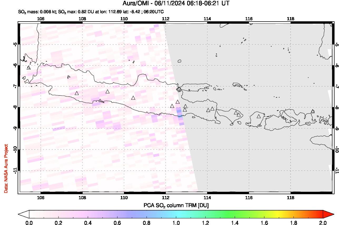 A sulfur dioxide image over Java, Indonesia on Jun 11, 2024.