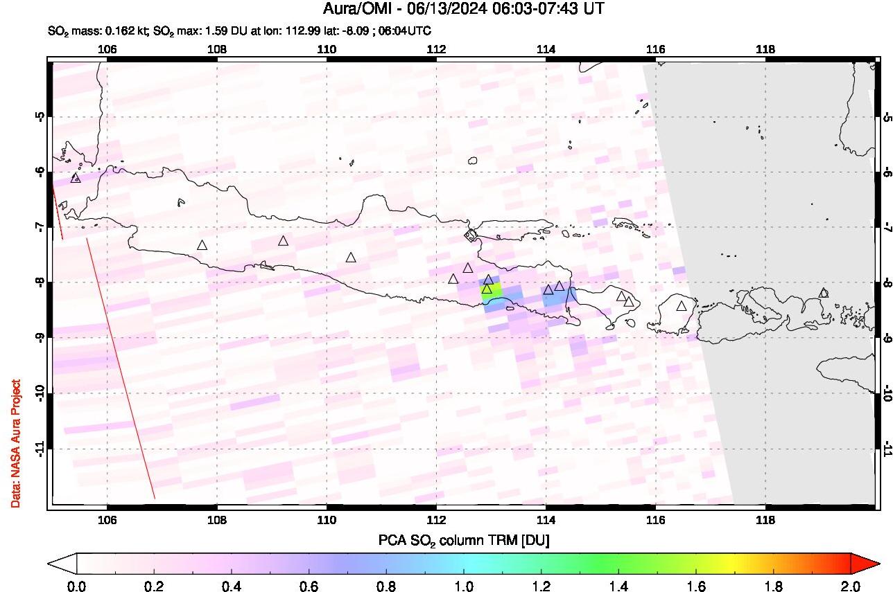 A sulfur dioxide image over Java, Indonesia on Jun 13, 2024.