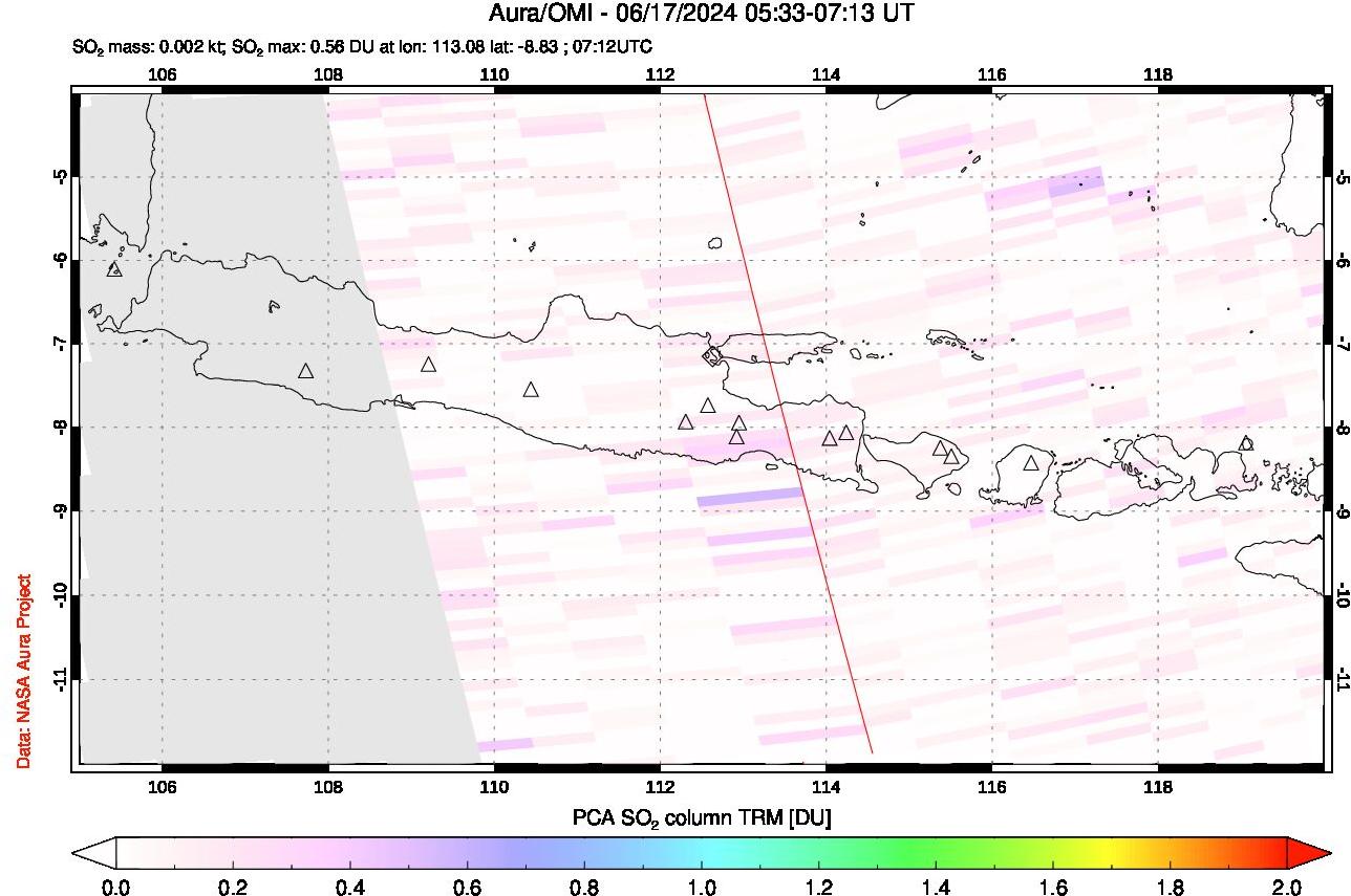 A sulfur dioxide image over Java, Indonesia on Jun 17, 2024.