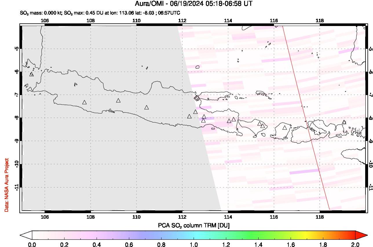 A sulfur dioxide image over Java, Indonesia on Jun 19, 2024.