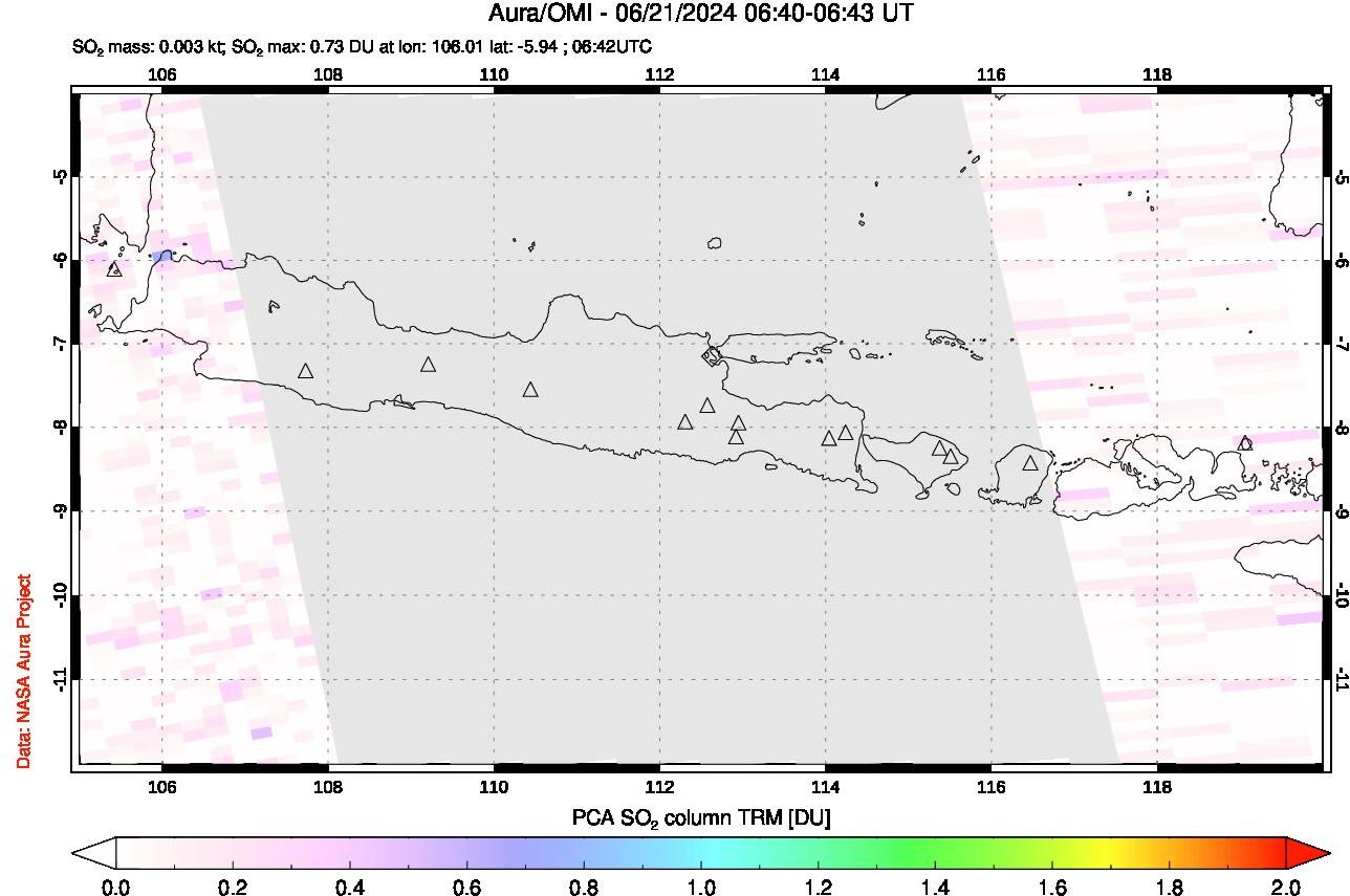 A sulfur dioxide image over Java, Indonesia on Jun 21, 2024.