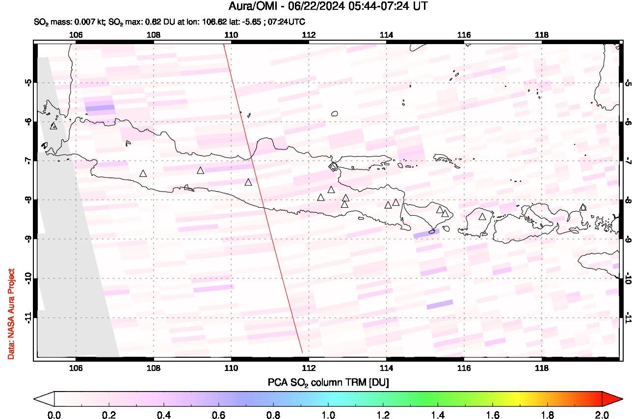 A sulfur dioxide image over Java, Indonesia on Jun 22, 2024.