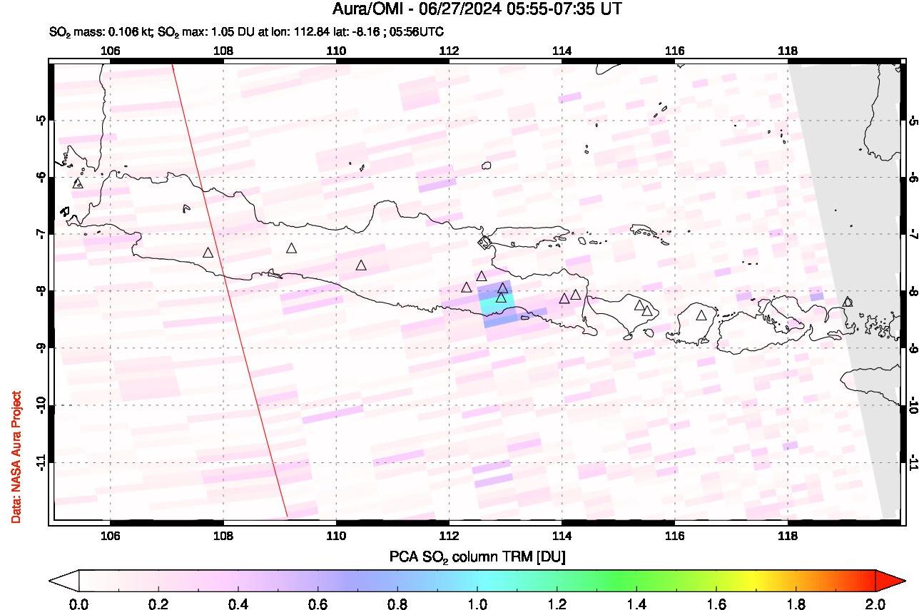 A sulfur dioxide image over Java, Indonesia on Jun 27, 2024.