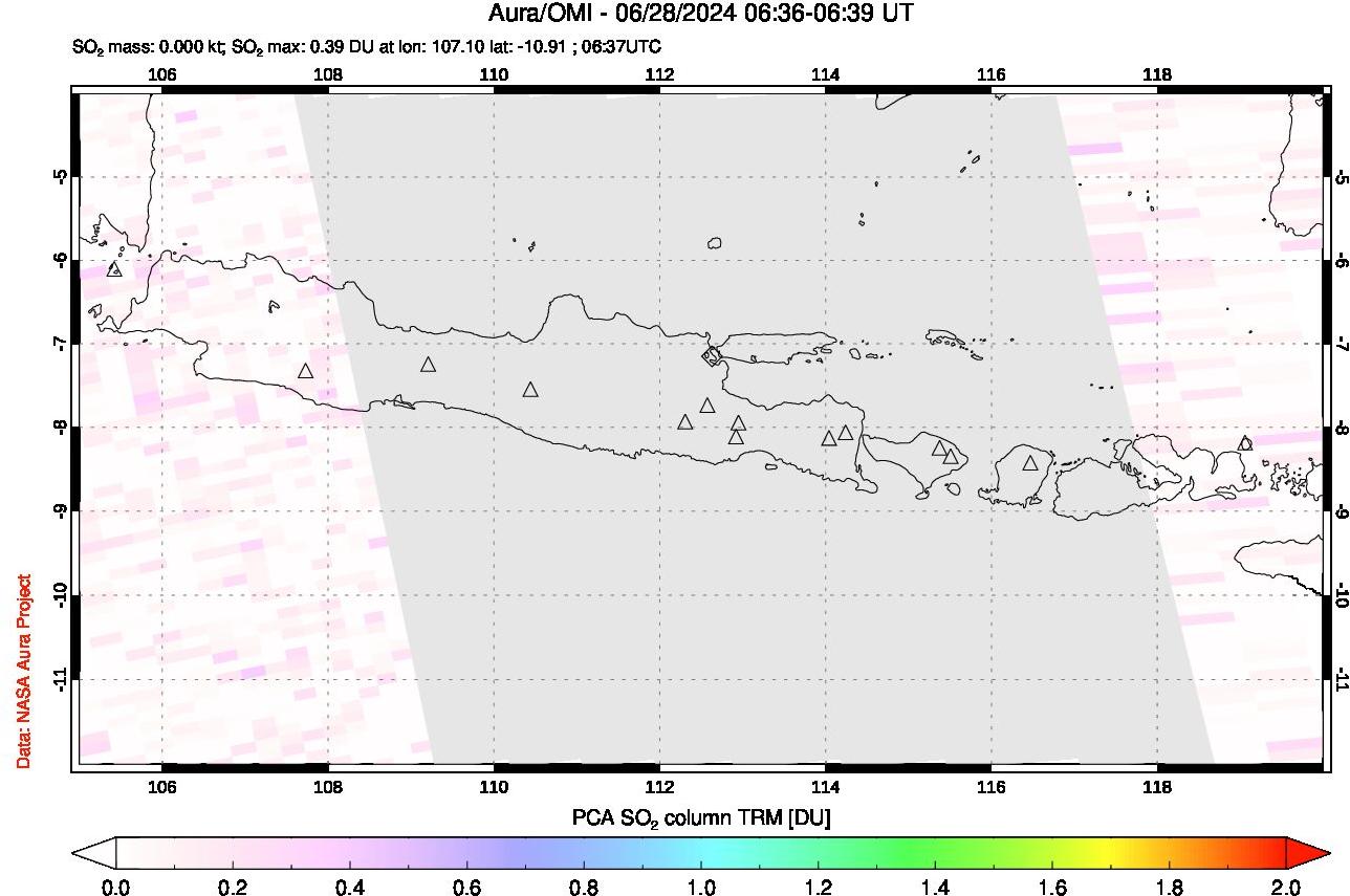 A sulfur dioxide image over Java, Indonesia on Jun 28, 2024.