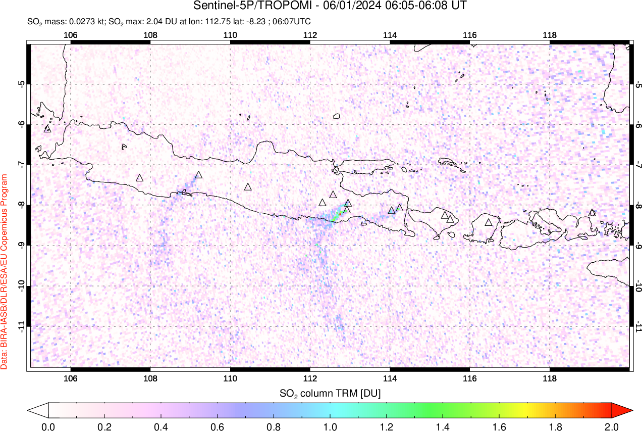 A sulfur dioxide image over Java, Indonesia on Jun 01, 2024.