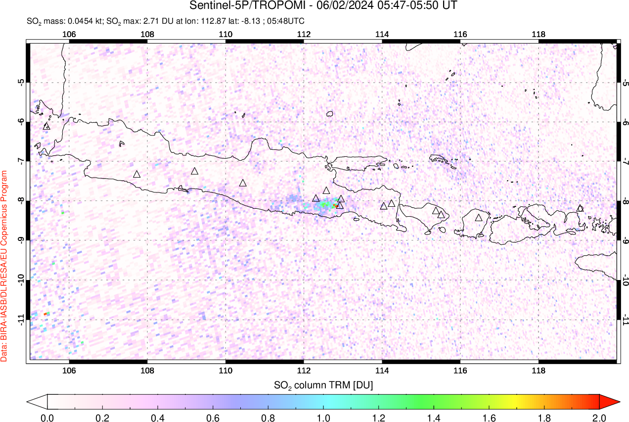 A sulfur dioxide image over Java, Indonesia on Jun 02, 2024.