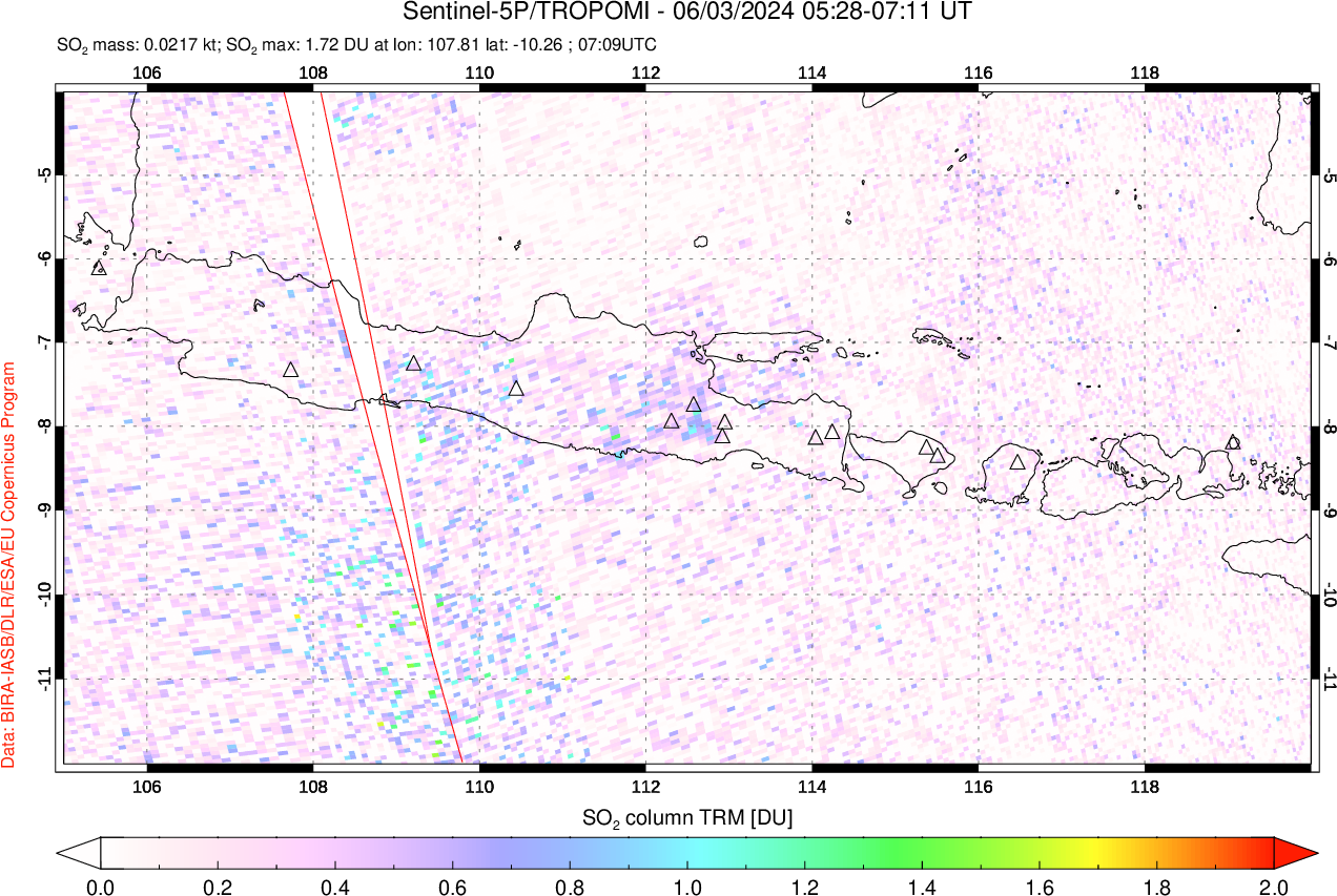 A sulfur dioxide image over Java, Indonesia on Jun 03, 2024.