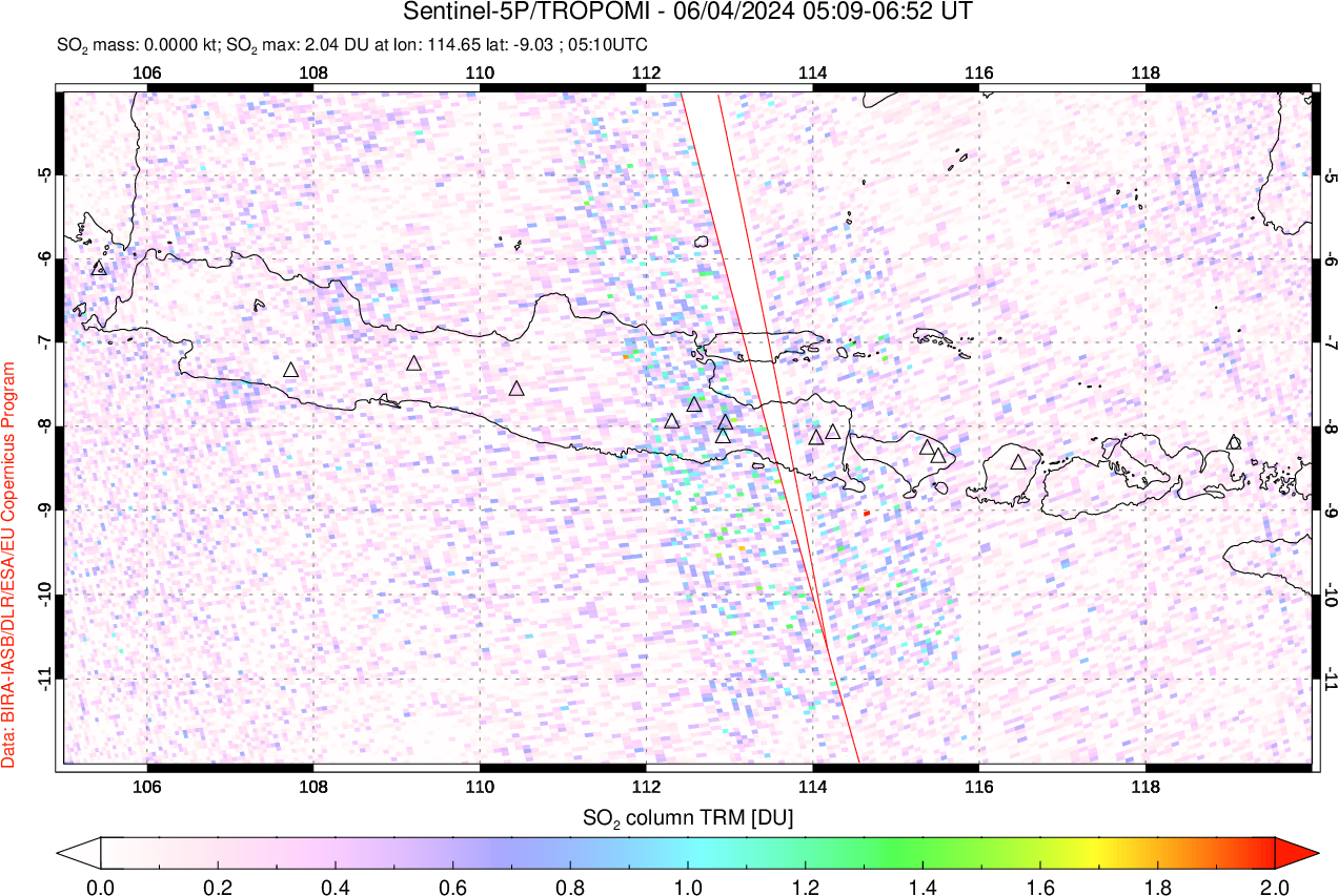 A sulfur dioxide image over Java, Indonesia on Jun 04, 2024.