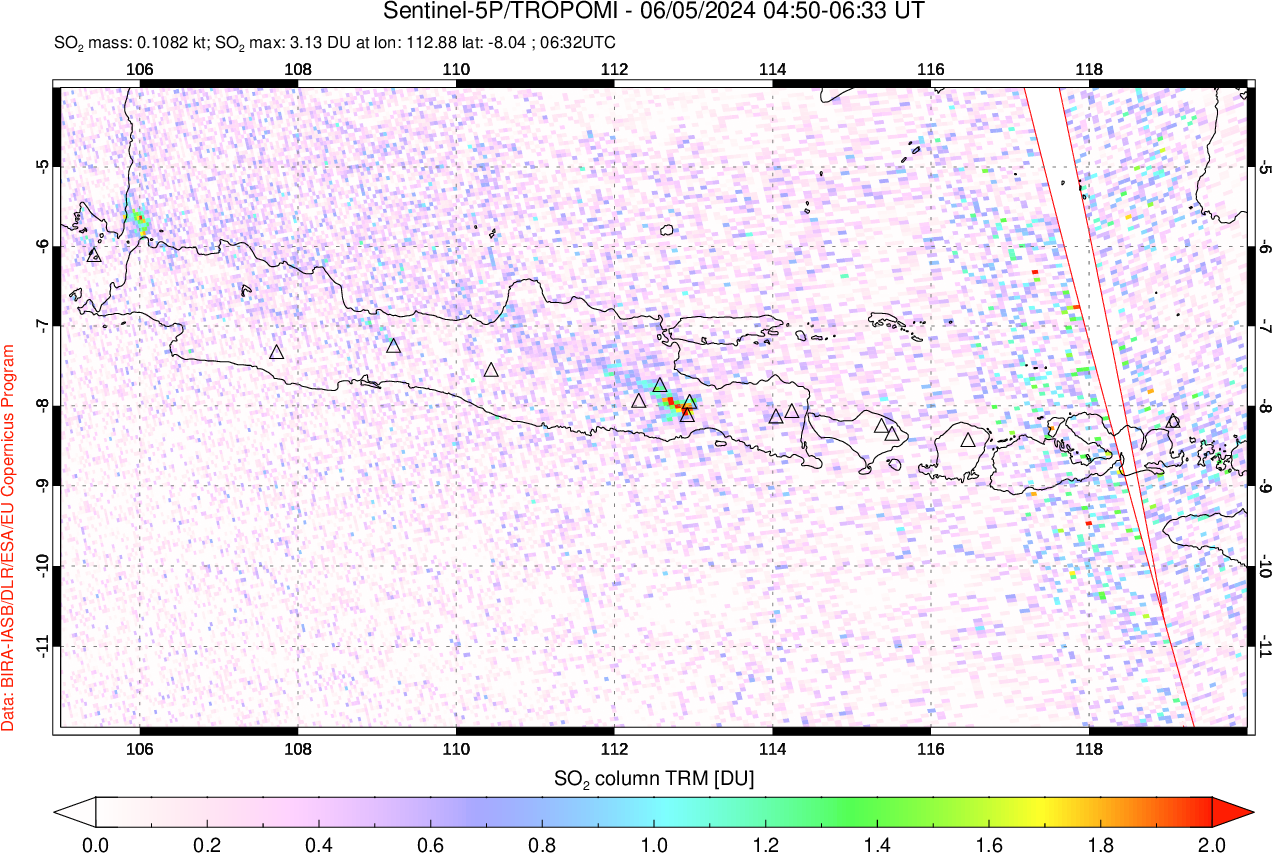 A sulfur dioxide image over Java, Indonesia on Jun 05, 2024.