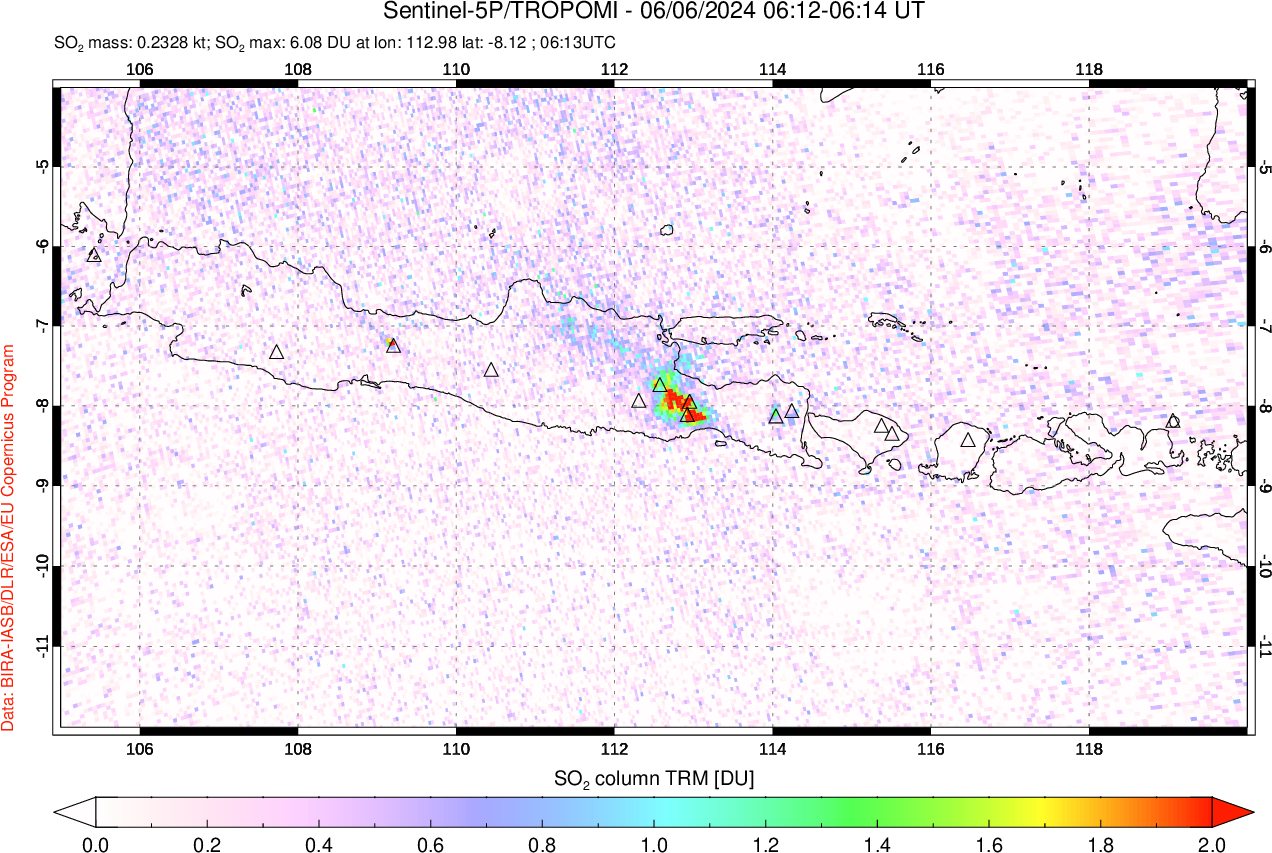 A sulfur dioxide image over Java, Indonesia on Jun 06, 2024.