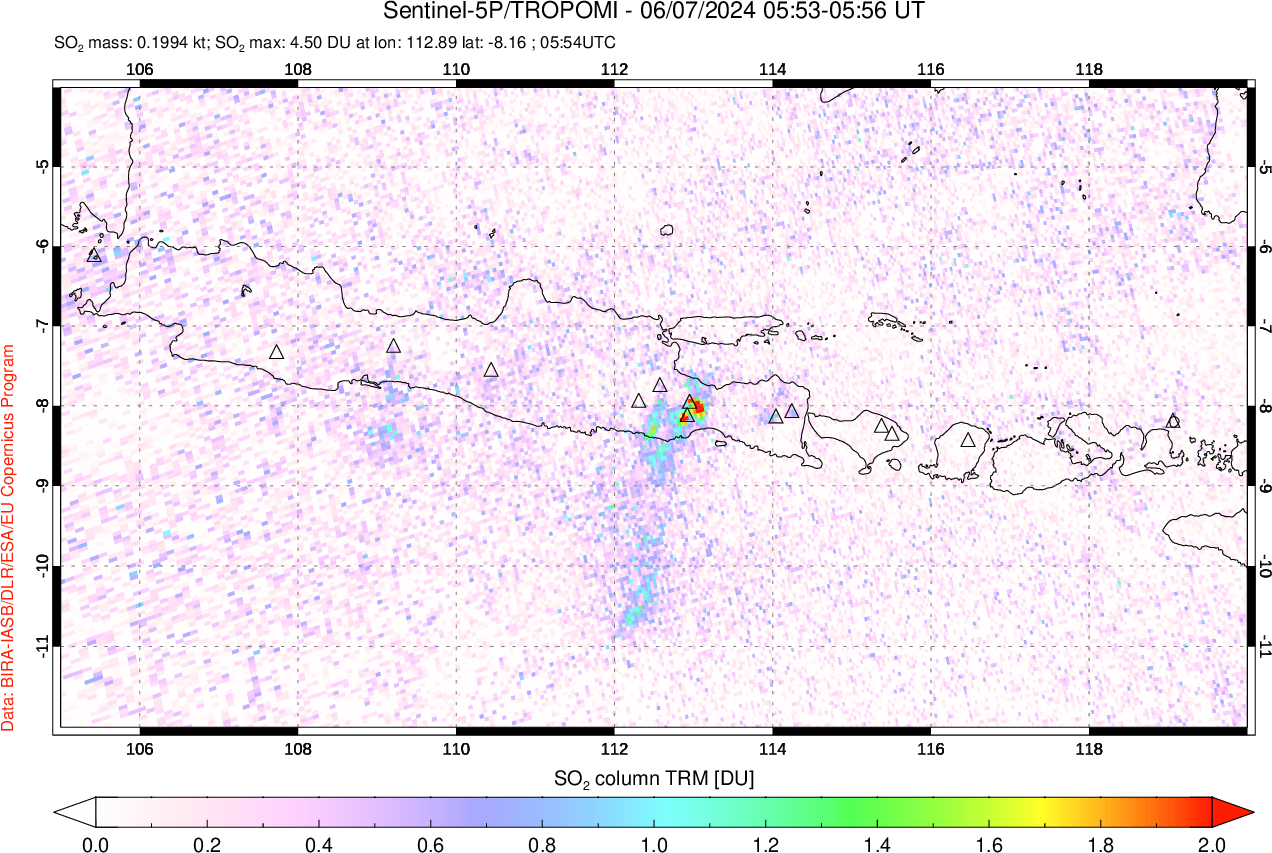 A sulfur dioxide image over Java, Indonesia on Jun 07, 2024.