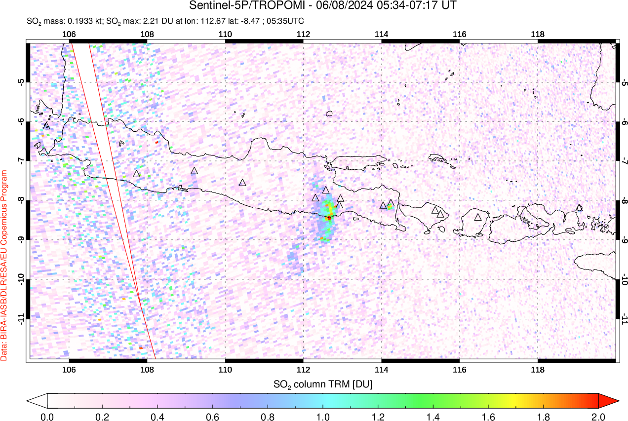 A sulfur dioxide image over Java, Indonesia on Jun 08, 2024.