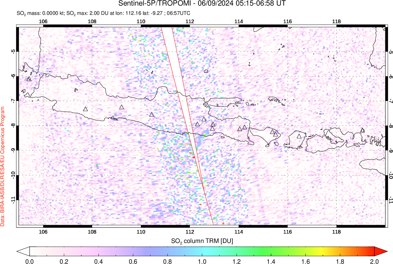 A sulfur dioxide image over Java, Indonesia on Jun 09, 2024.