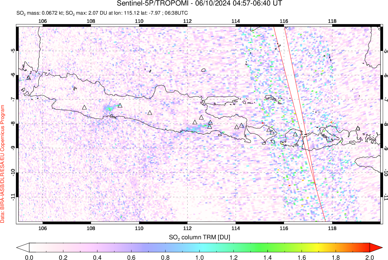 A sulfur dioxide image over Java, Indonesia on Jun 10, 2024.