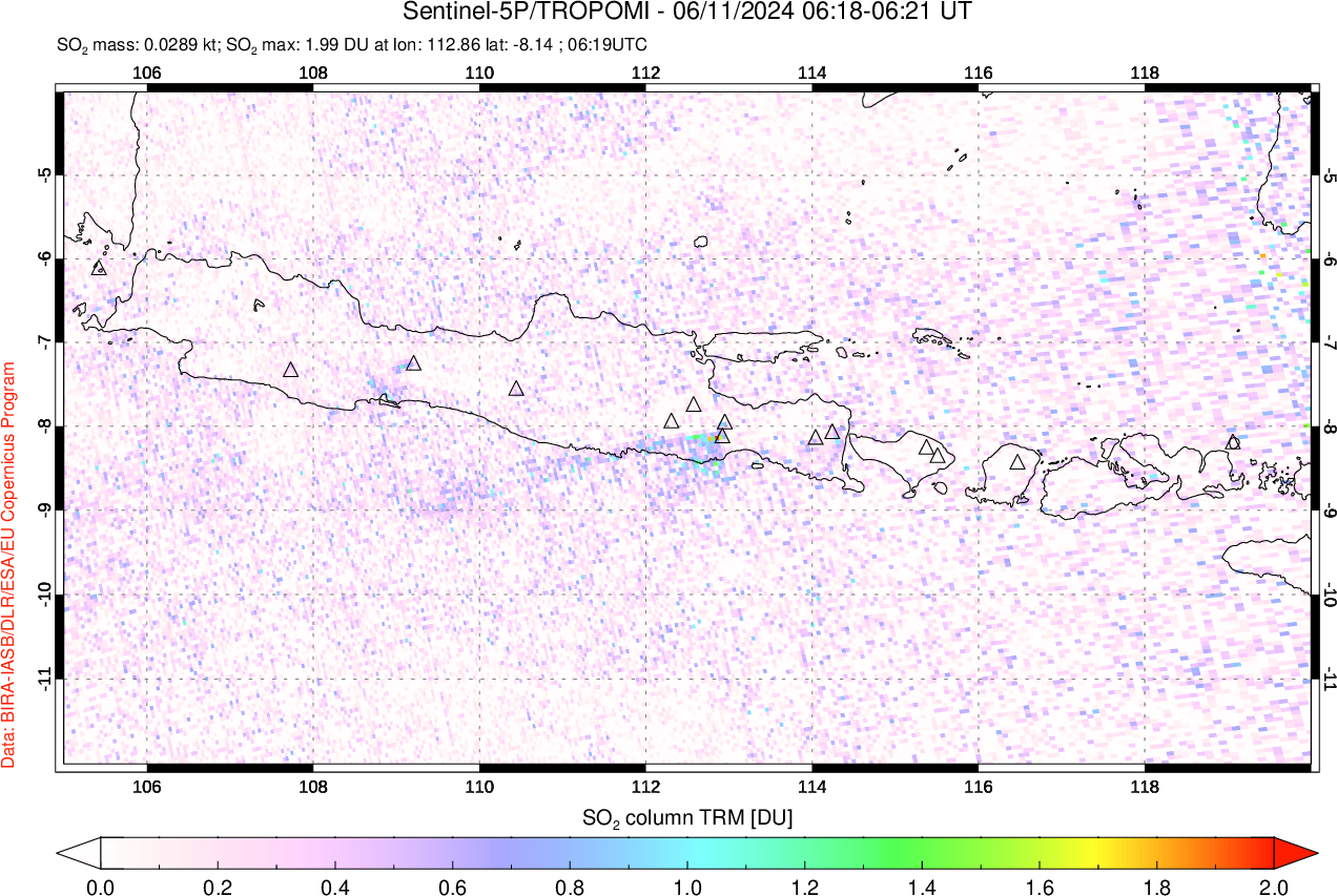 A sulfur dioxide image over Java, Indonesia on Jun 11, 2024.