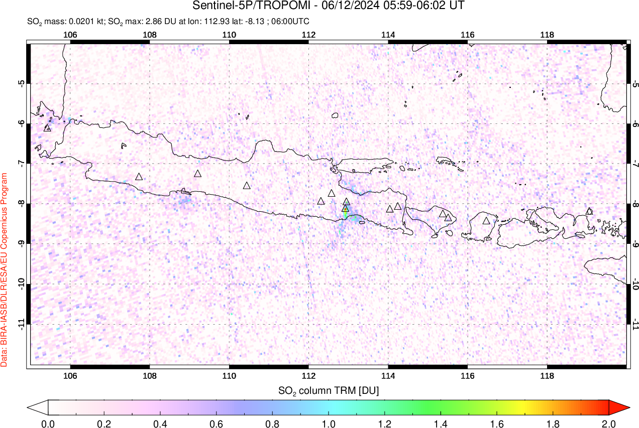 A sulfur dioxide image over Java, Indonesia on Jun 12, 2024.