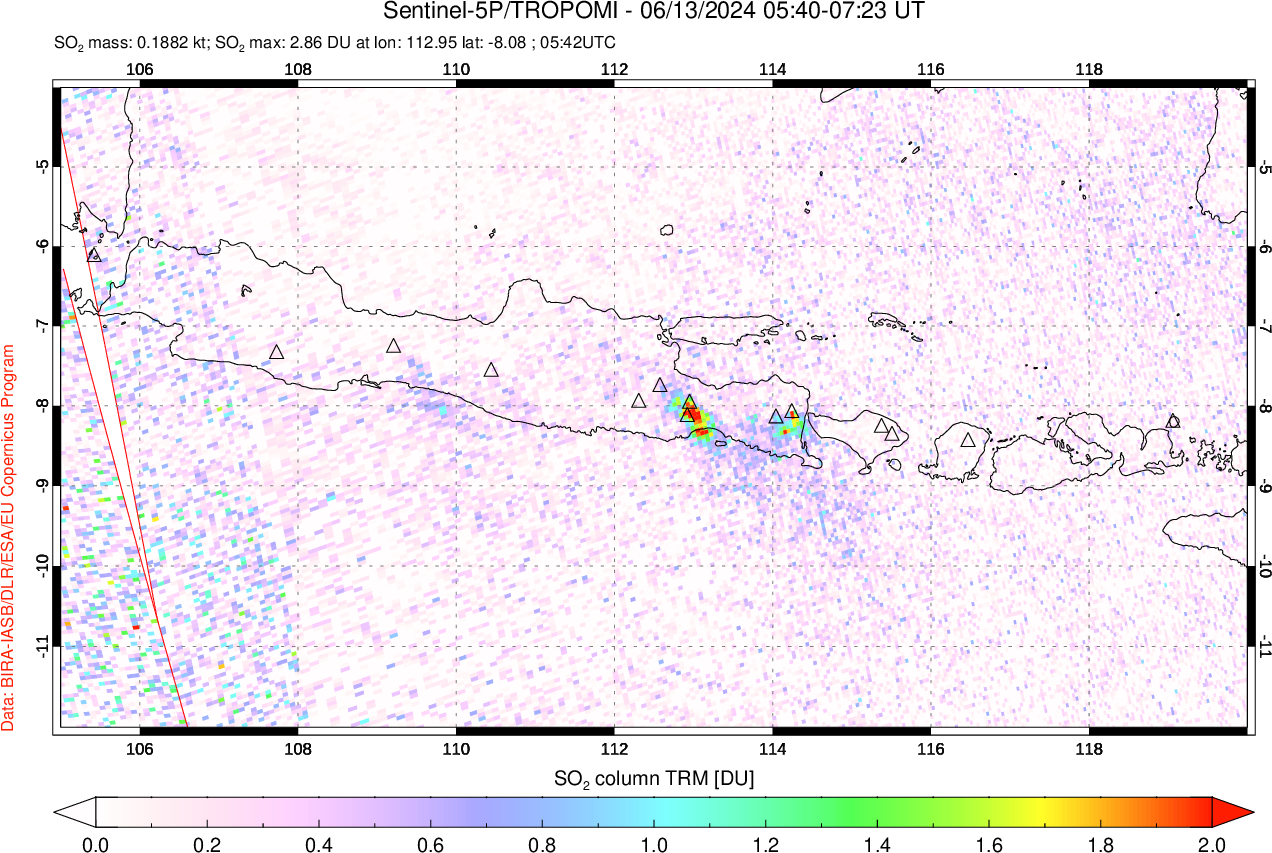 A sulfur dioxide image over Java, Indonesia on Jun 13, 2024.