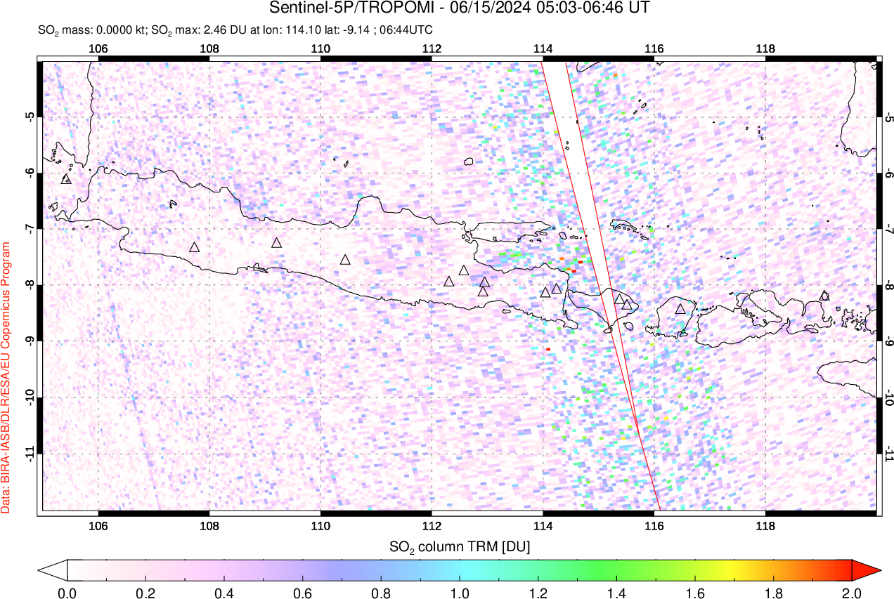 A sulfur dioxide image over Java, Indonesia on Jun 15, 2024.