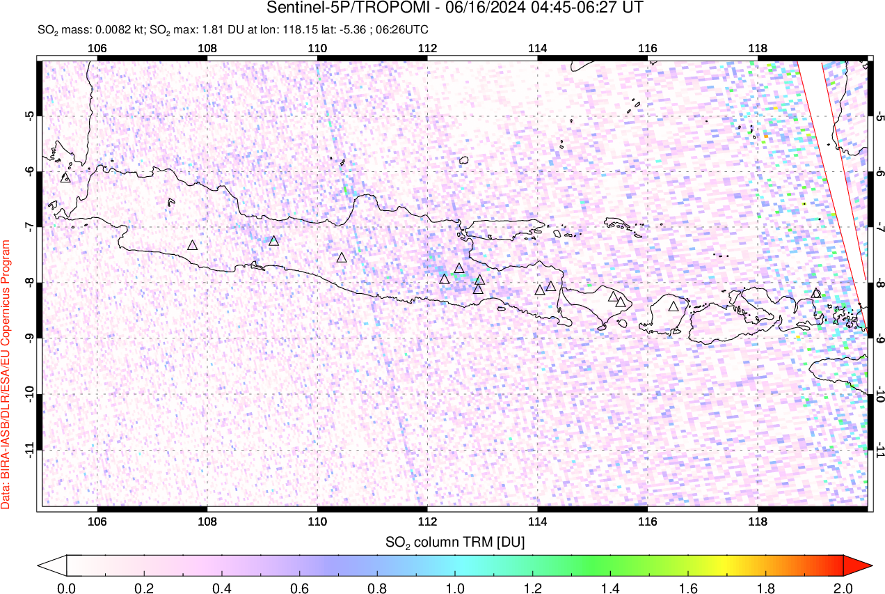 A sulfur dioxide image over Java, Indonesia on Jun 16, 2024.