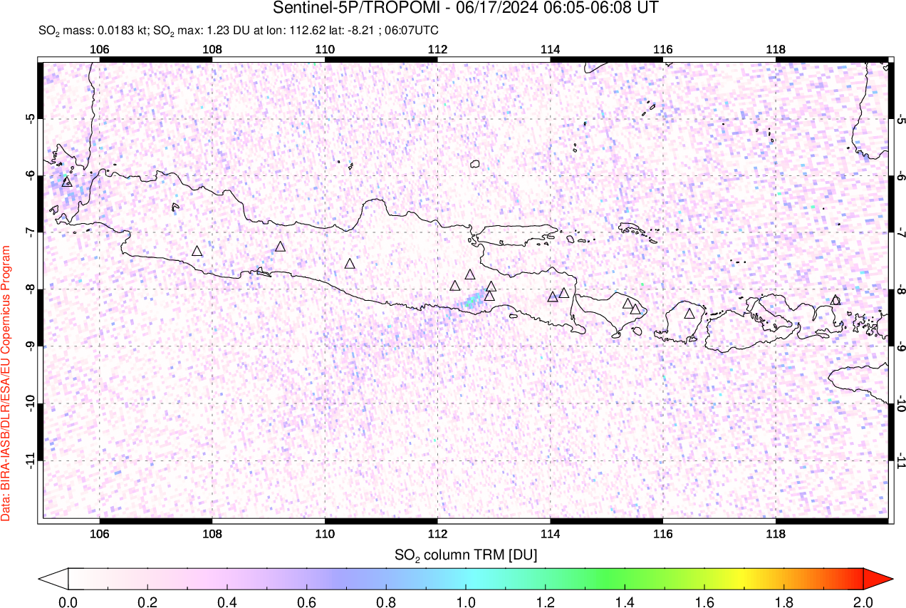 A sulfur dioxide image over Java, Indonesia on Jun 17, 2024.