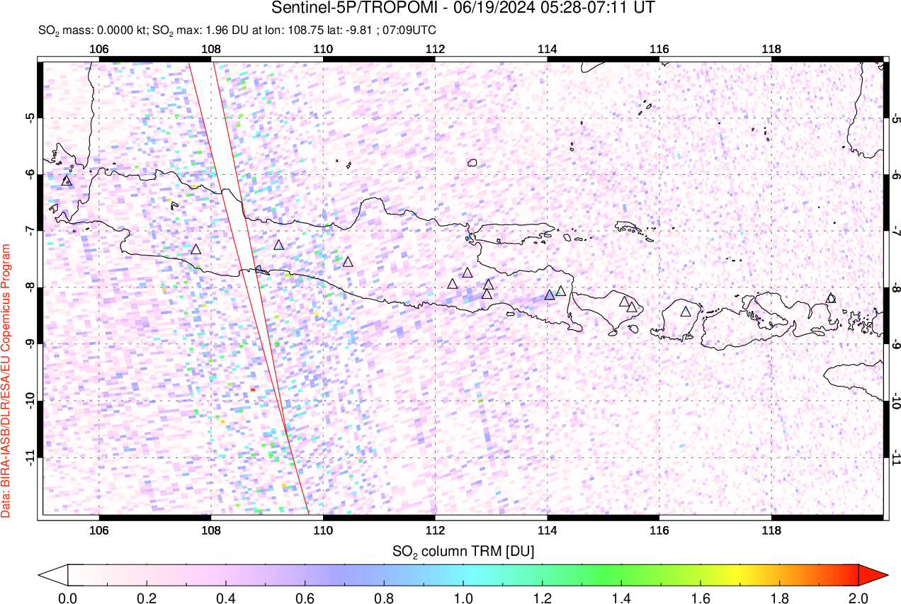 A sulfur dioxide image over Java, Indonesia on Jun 19, 2024.