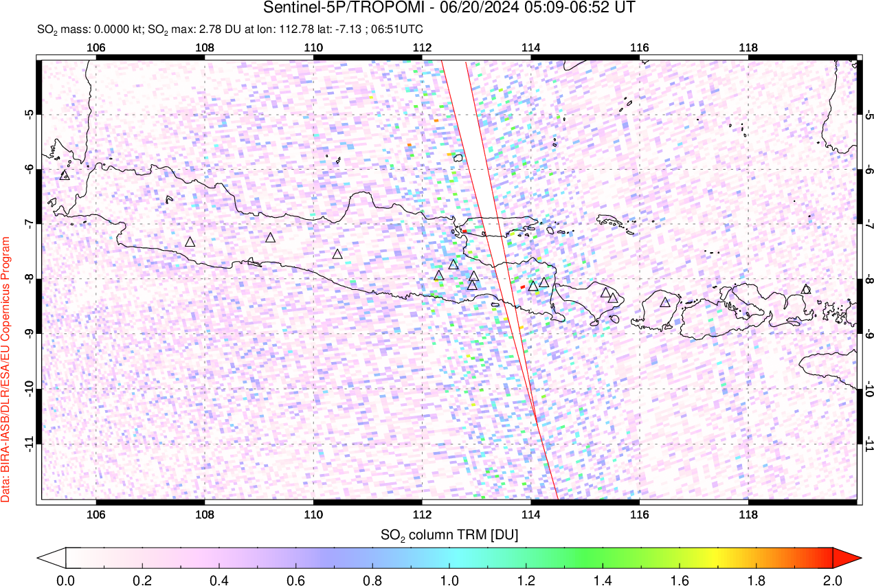 A sulfur dioxide image over Java, Indonesia on Jun 20, 2024.